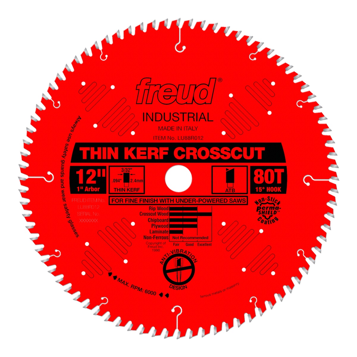 Freud LU88R012 12 in. Thin Kerf Fine Finish Crosscut Blade product view showing 80 tooth layout and 1 inch arbor for finish crosscut applications