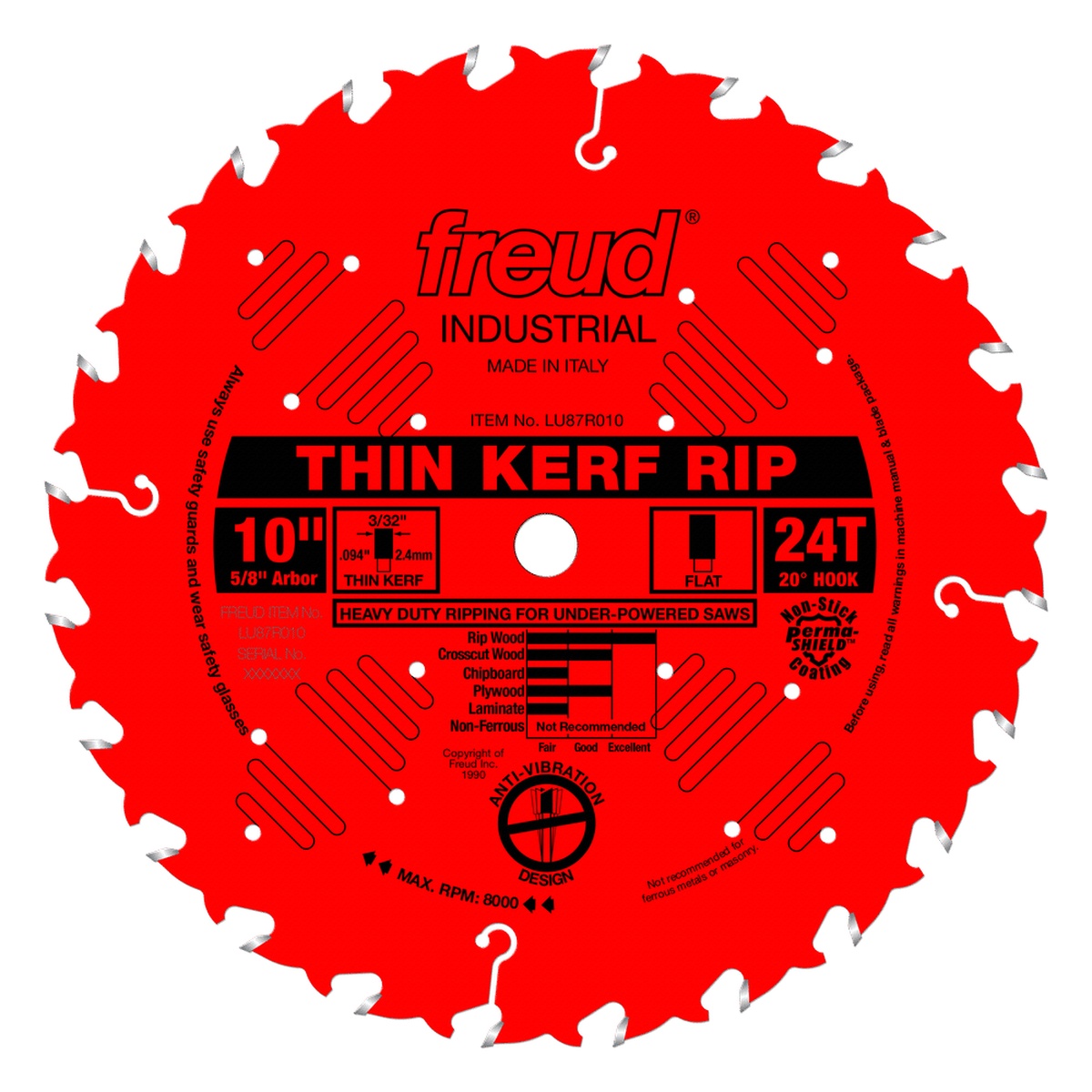 Freud LU87R010 10 in. Thin Kerf Rip Blade front view showing 24 tooth carbide ripping blade with 5/8 inch arbor