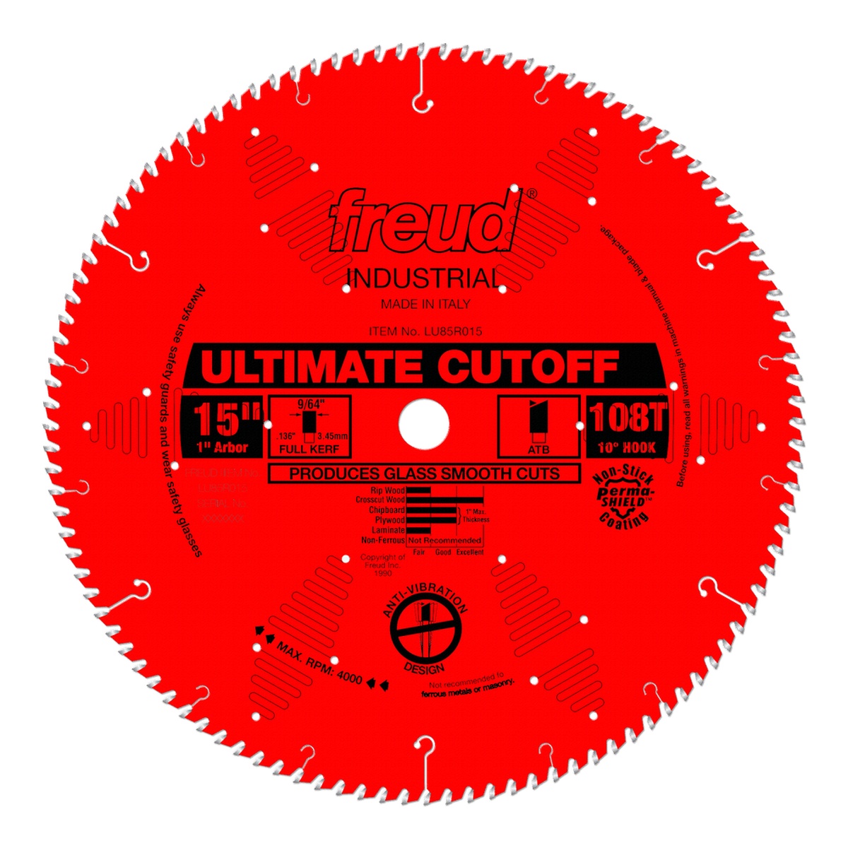 Freud LU85R015 15 in. Ultimate Cut-Off Blade product view showing 108 teeth, anti-vibration slots, and 1 inch arbor for shop saw use