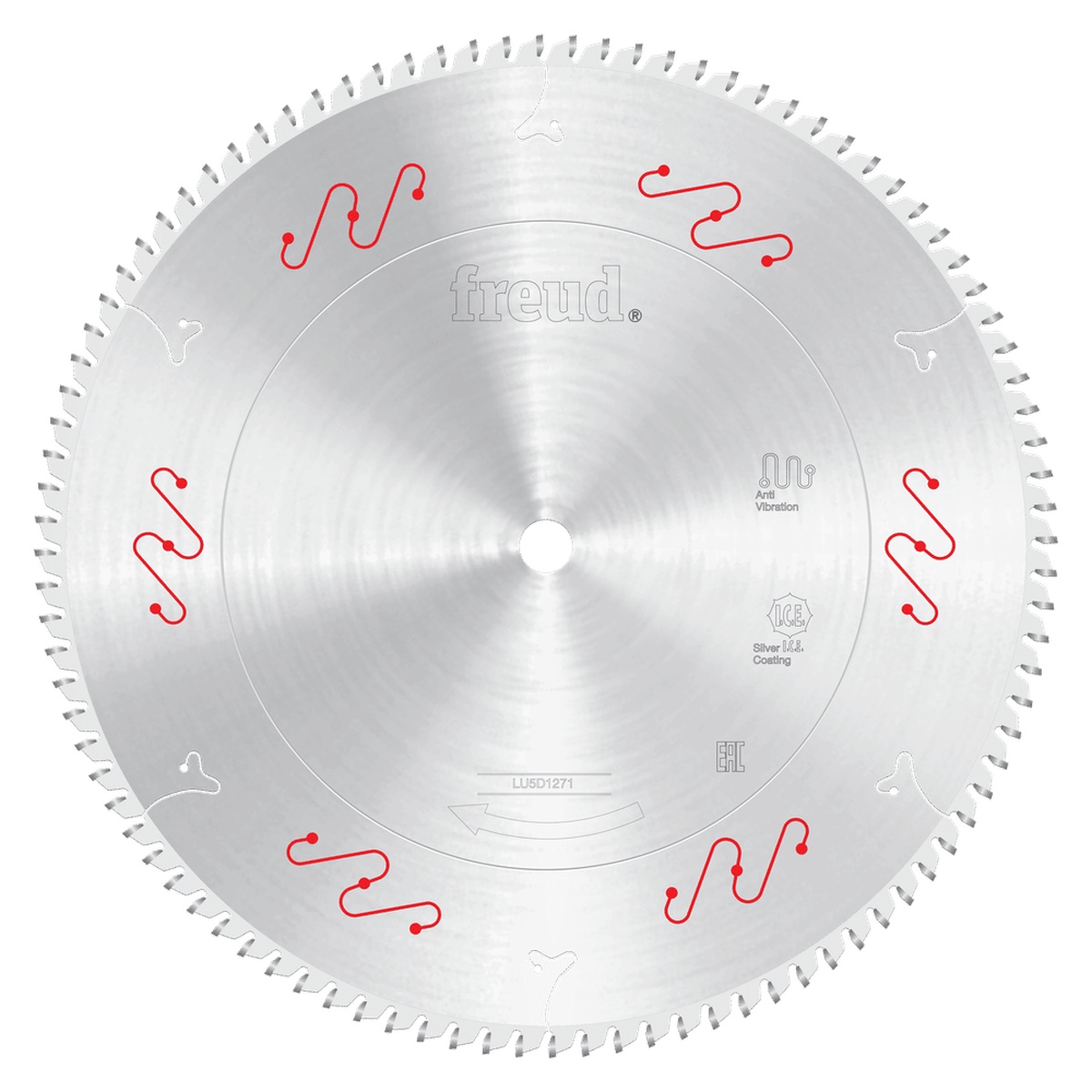 Freud LU5D1271 12 in. carbide tipped saw blade close-up showing anti-vibration slots and precision blade body for non-ferrous cutting