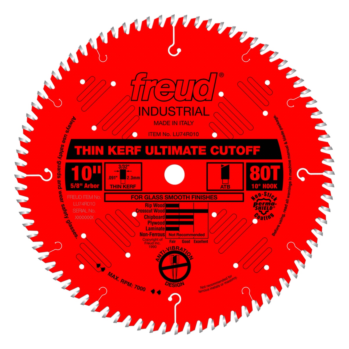 Freud LU74R010 10 in. Thin Kerf Ultimate Cut-Off Blade product view showing 80 tooth blade body and 5/8 inch arbor for finish crosscutting