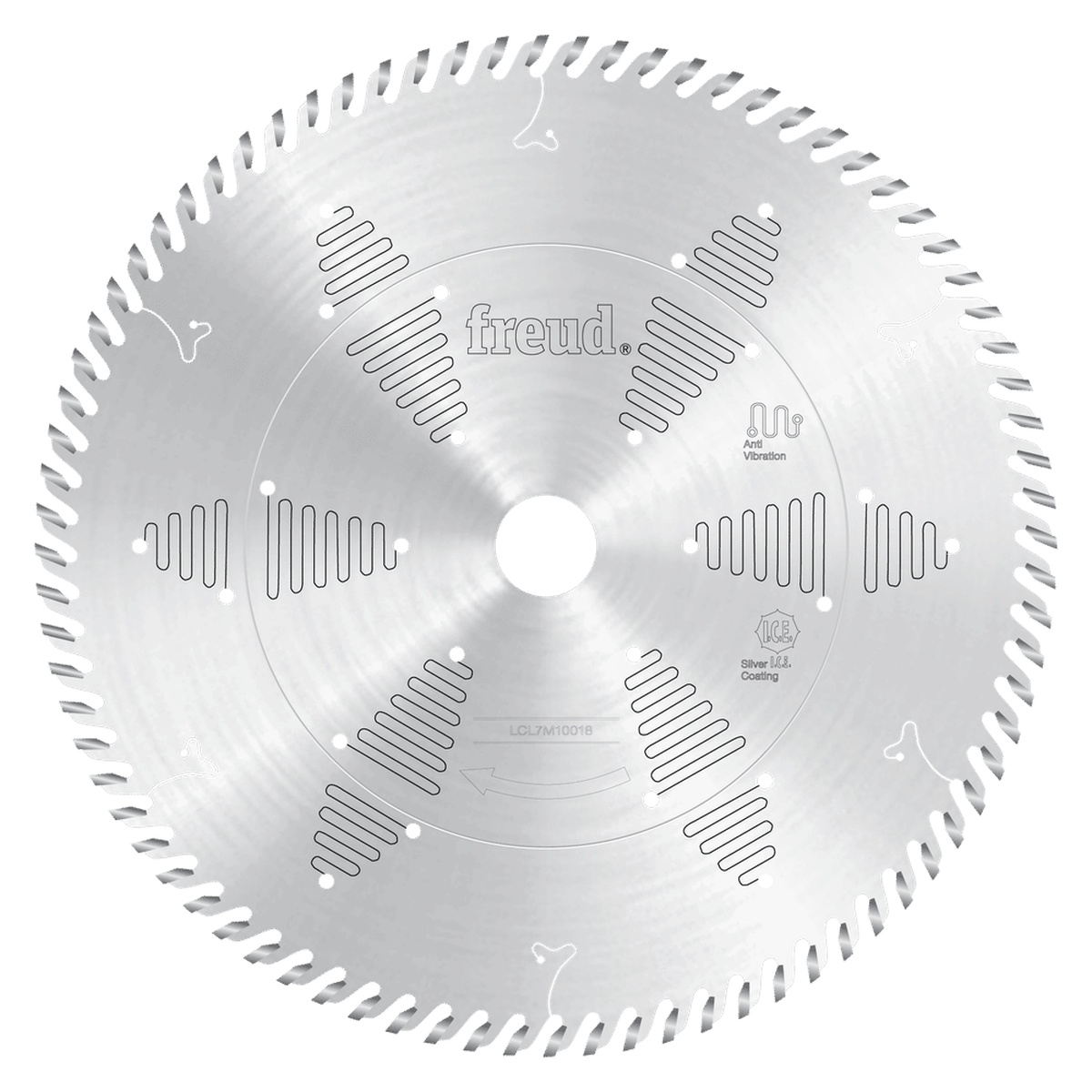Freud LCL7M10018 10-Inch Solid Surface Materials circular saw blade product view showing anti-vibration body slots and 80 tooth edge