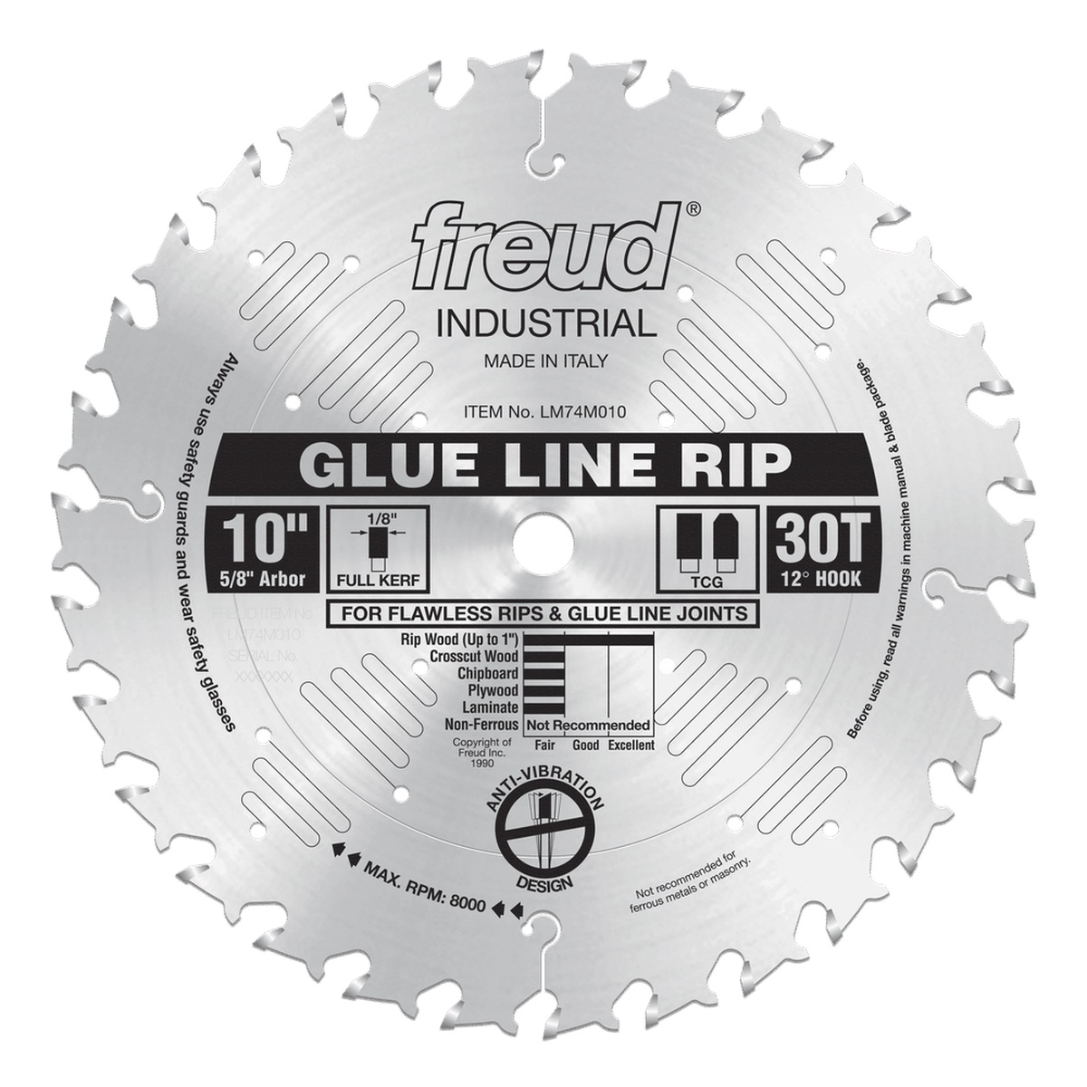 Freud LM74M010 10 in. Glue Line Ripping Blade product view showing 30 tooth layout, 5/8 inch arbor, and anti-vibration slots for table saw ripping