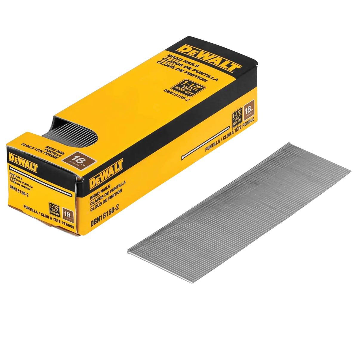 DeWalt DBN18150-2 18 Gauge 1-1/2-Inch Brad Nail 2,500-Pack with collated brad nails for interior trim fastening in finish carpentry work