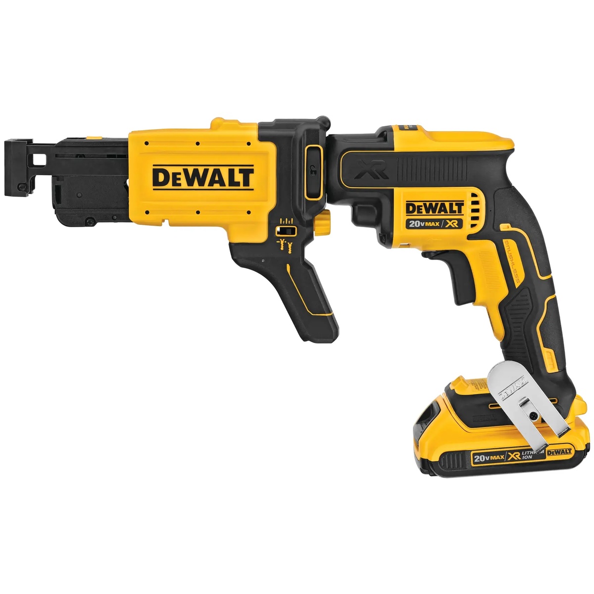 DEWALT DCF6202 Collated Drywall Screw Gun Attachment mounted on DCF620 screw gun for collated drywall screw installation in remodeling and hanging drywall applications