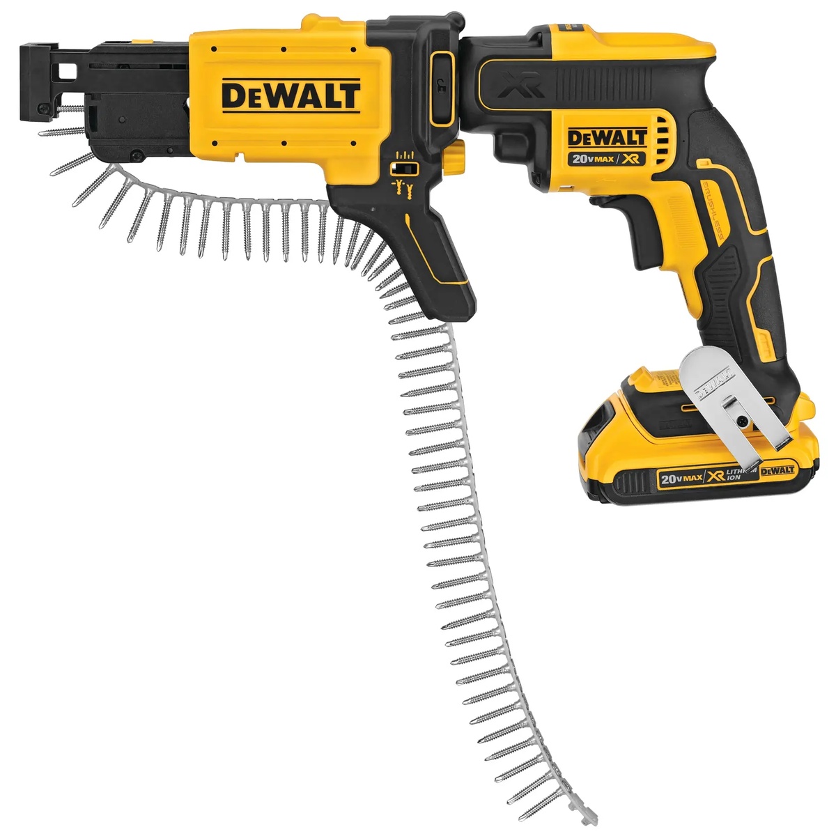 DEWALT DCF6202 Collated Drywall Screw Gun Attachment loaded with flexible-strip collated drywall screws for drywall fastening on interior jobsite work