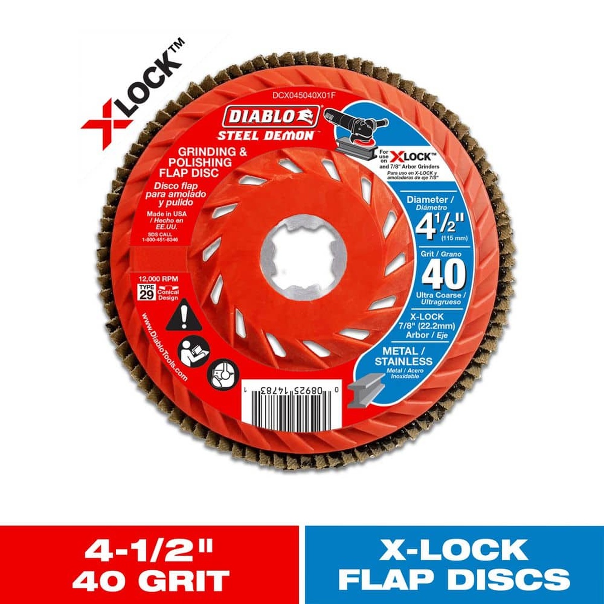 Diablo DCX045040X01F 4-1/2 Inch 40-Grit Flap Disc product view showing Type 29 flap disc design for grinding and polishing metal and stainless steel