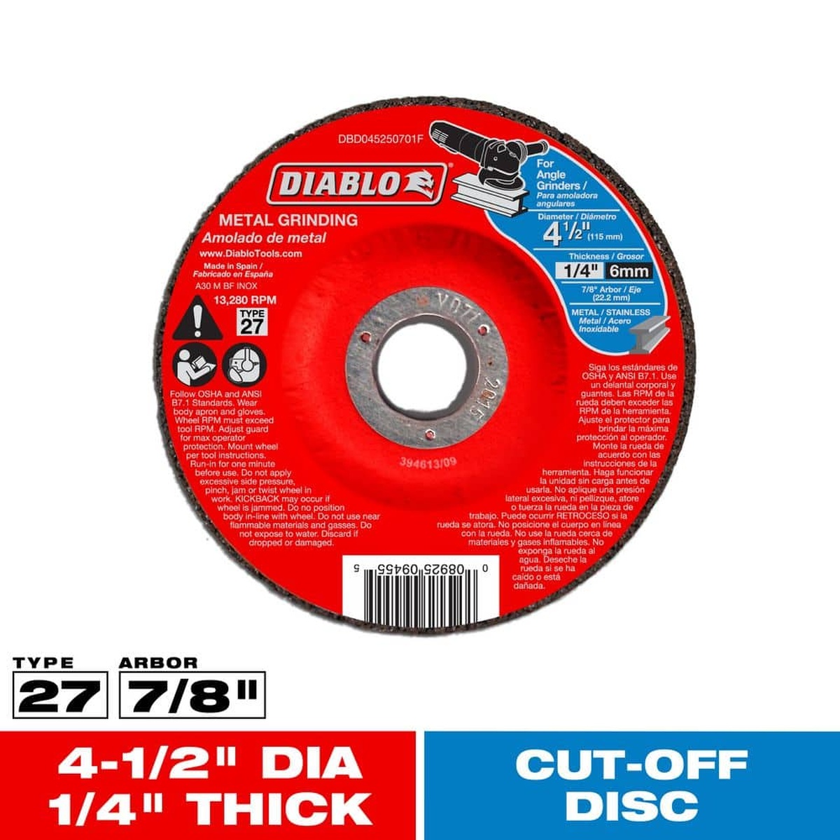 Diablo DBD045250701F 4-1/2 Inch Metal Grinding Disc - Type 27 product wheel with 7/8 inch arbor for angle grinder metal grinding and weld cleanup in shop work