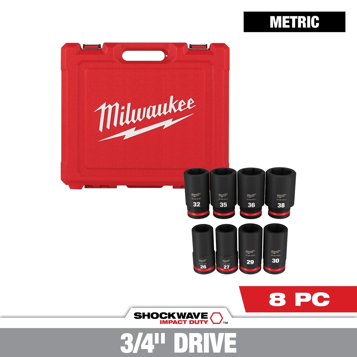 Milwaukee SHOCKWAVE Impact Duty 3/4 Inch Drive 6 Point Socket Set with carrying case and metric deep sockets organized for shop and service truck storage