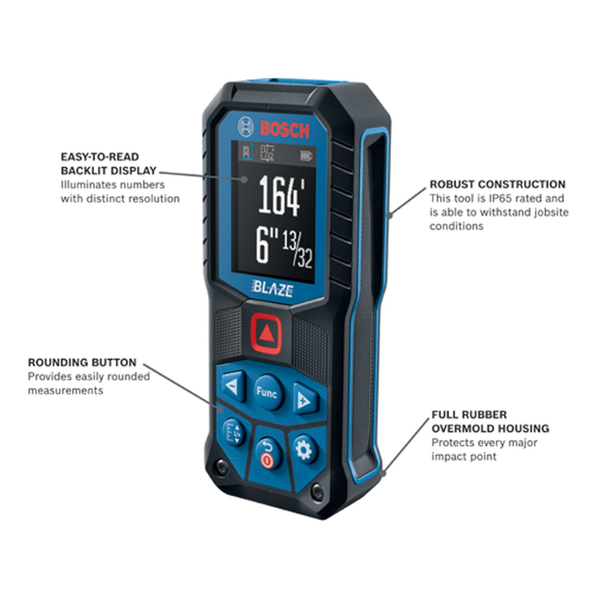 Bosch GLM165-22 BLAZE 165 Ft. Laser Measure showing rugged housing, backlit color display, and control layout for jobsite measuring