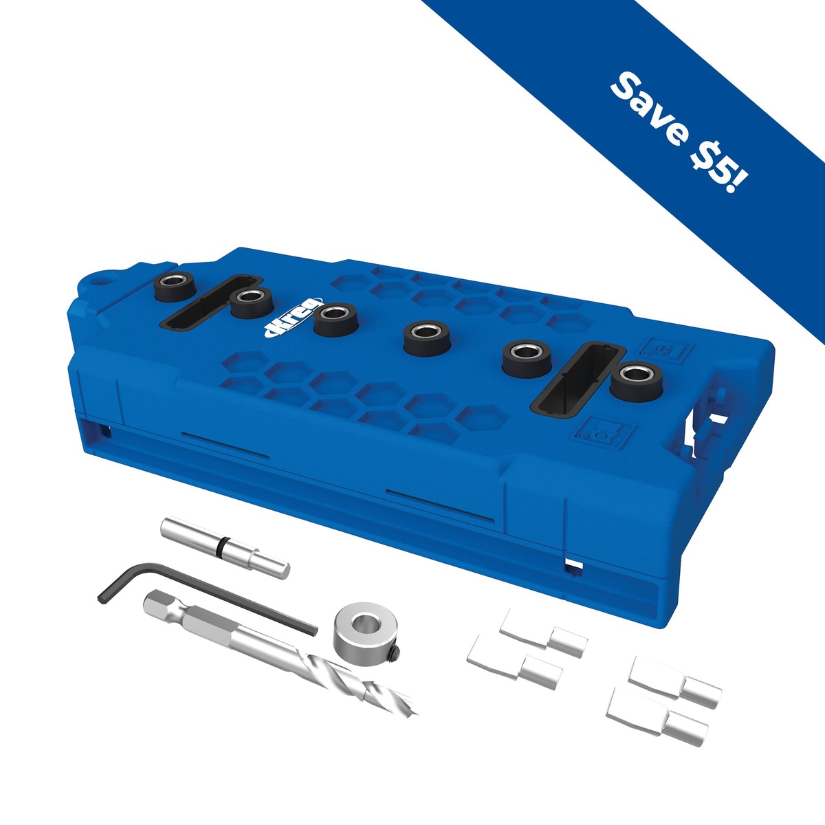 Kreg KMA3232 Shelf Pin Jig - 5 mm with included 5 mm brad-point bit, stop collar, hex wrench, and locating pins for drilling shelf pin holes in cabinet panels and bookcase sides