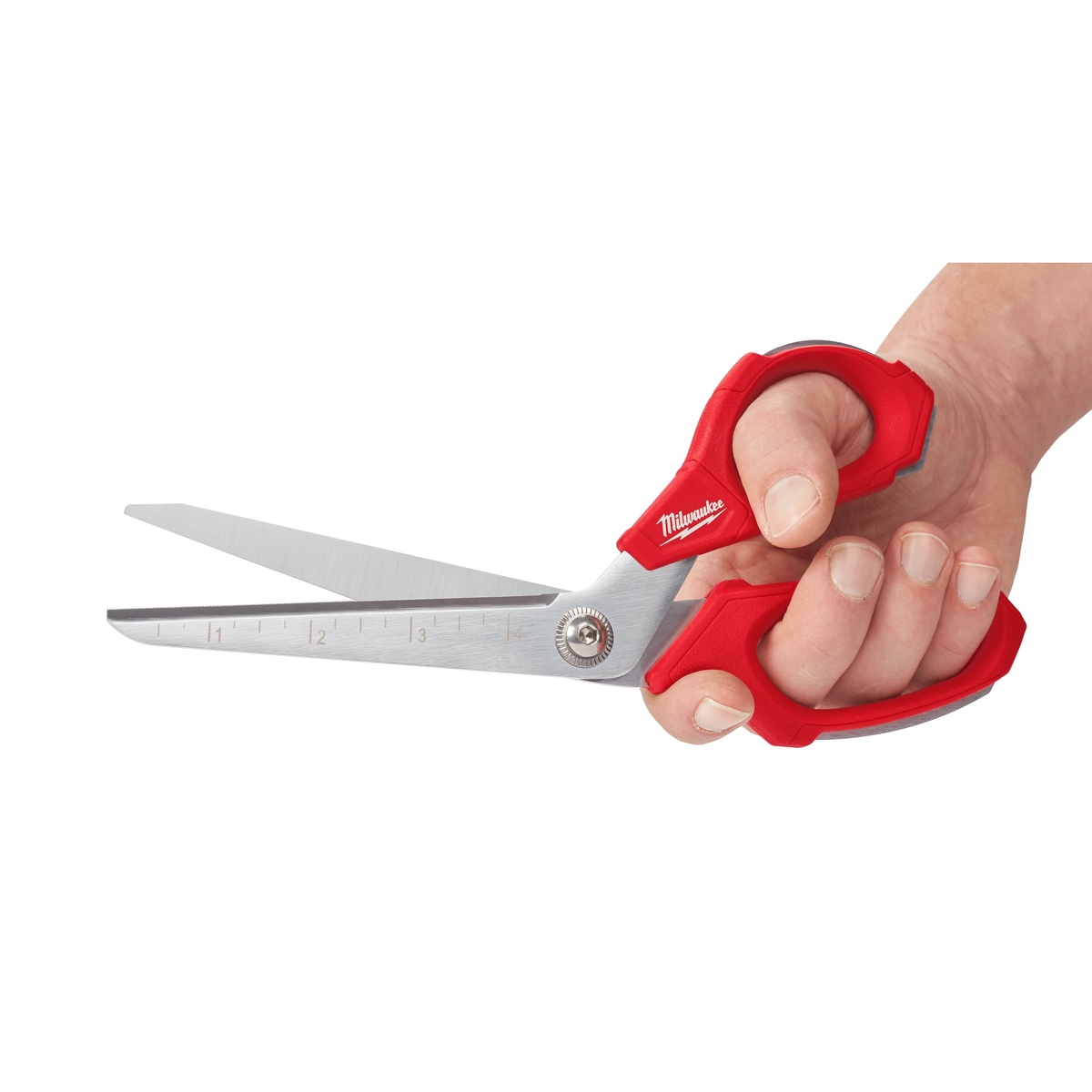 Milwaukee 48-22-4047 Jobsite Offset Scissors in hand showing handle loop size and ruler-marked blade