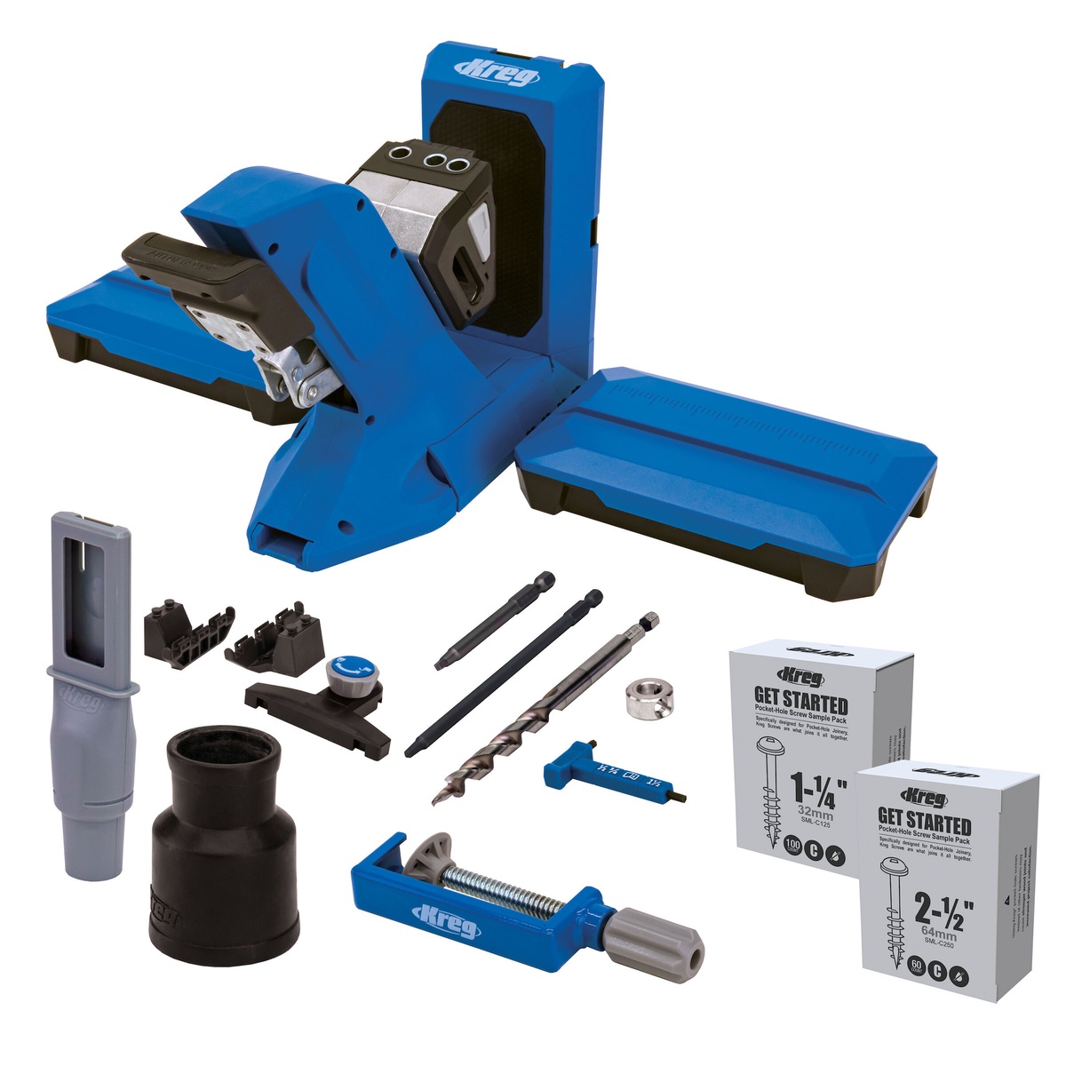 Kreg Pocket-Hole Jig 720PRO pocket-hole jig kit with drill bit, driver bit, clamp, docking station, screws, and dust collection parts for woodworking bench setup