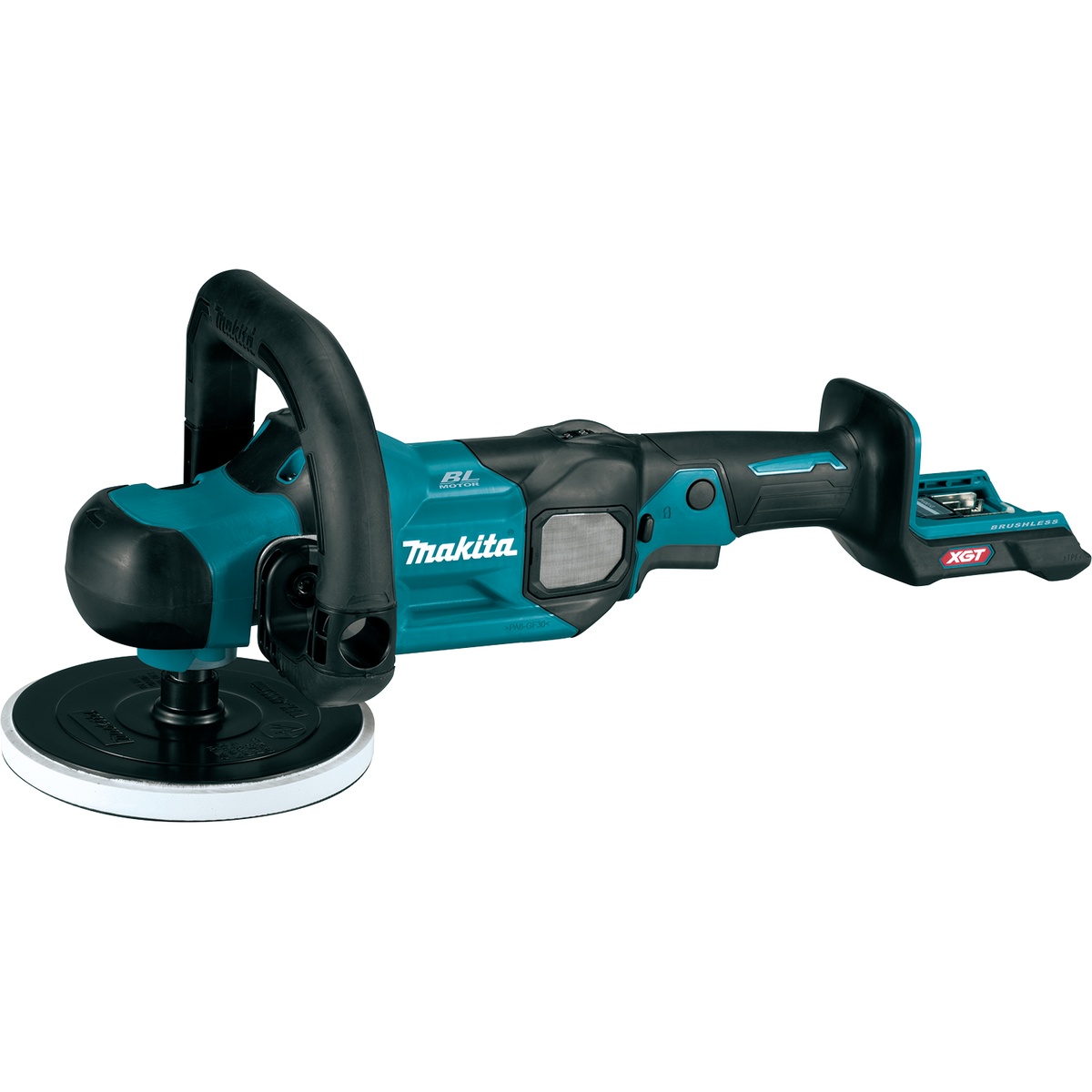 Makita GVP01Z 40V max XGT Brushless Cordless 7 inch Polisher ready for mobile surface polishing work with a 7 inch pad in shop or jobsite finishing applications