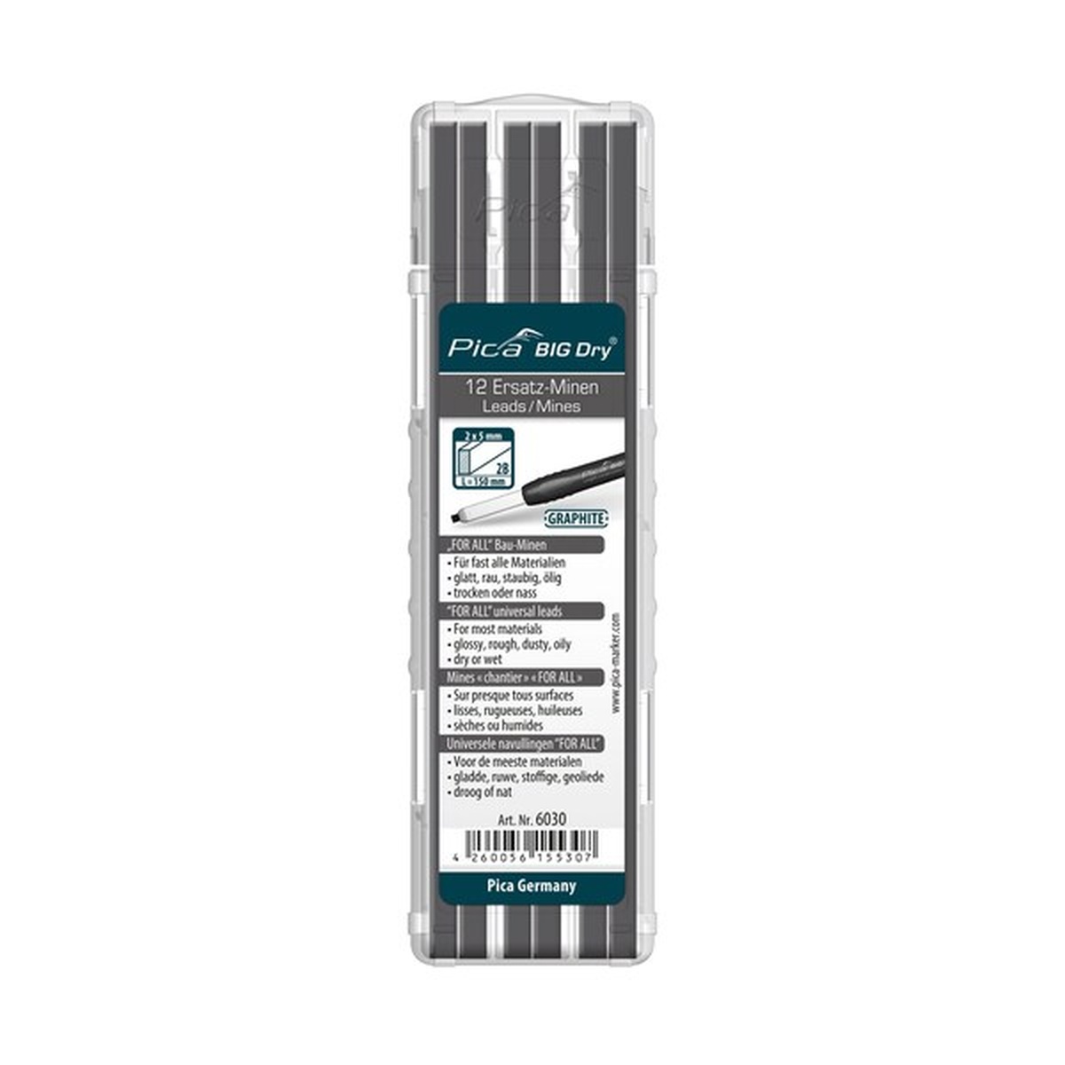 Pica BIG-Dry 6030 FOR ALL Universal Graphite Leads, 2B 12-pack refill case for multi-surface marking on concrete metal wood tile and pvc pipe