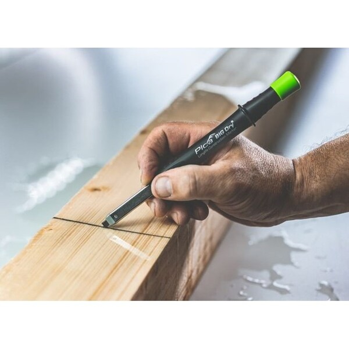 Pica BIG-Dry 6030 FOR ALL Universal Graphite Leads, 2B used in a Pica Big Dry marker for marking layout lines on wood in a jobsite setting