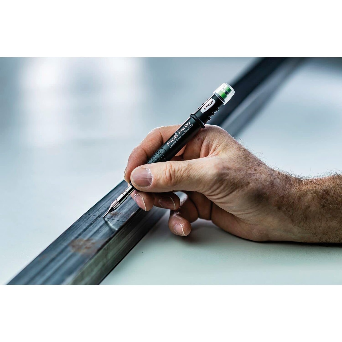 Pica Fine Dry 7070 Longlife Automatic Pencil 0.9 marking a metal workpiece for fabrication and layout