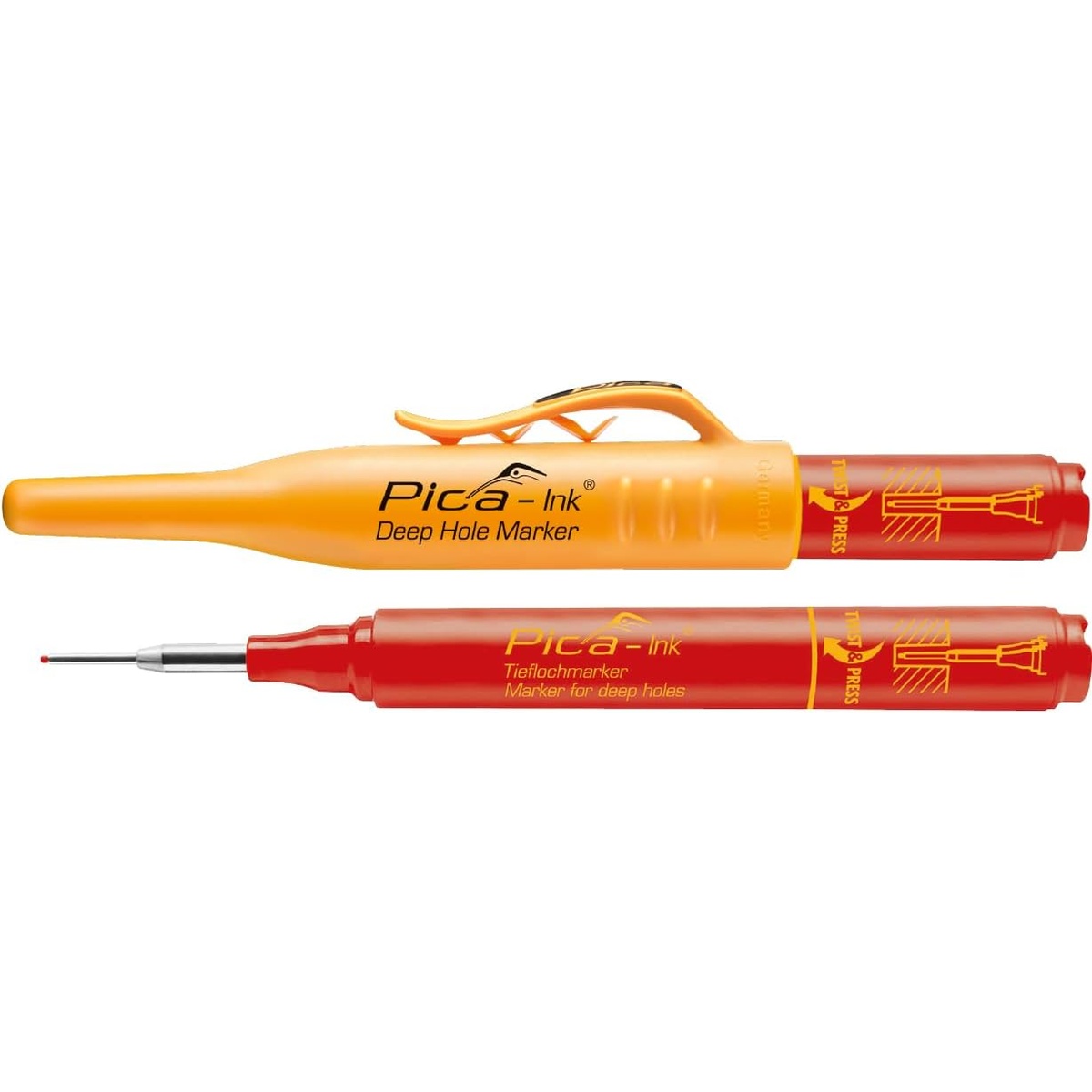 Pica Dry 150/40 Marker for Deep Holes, Red with cap removed to show the fine deep-hole writing tip for precise layout work