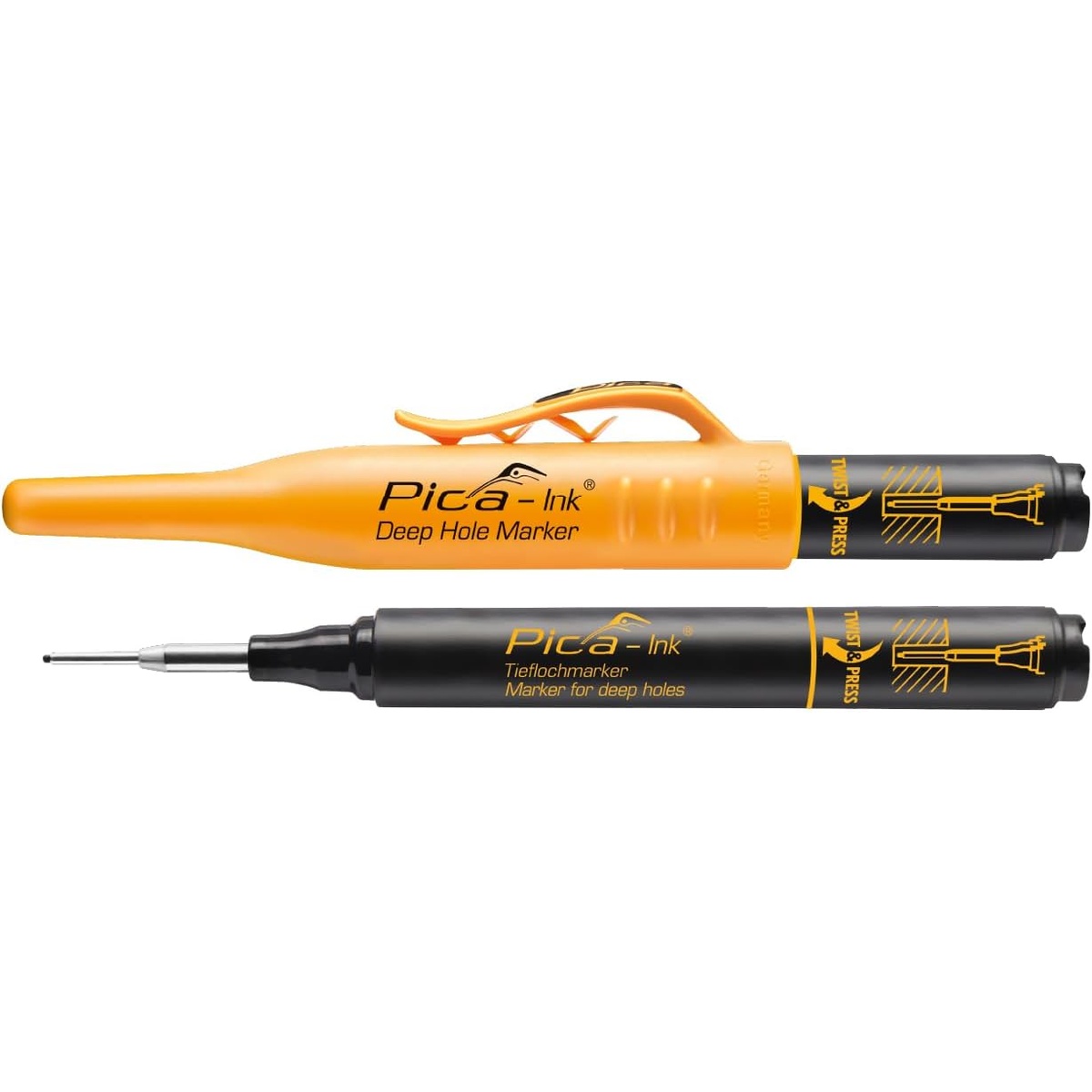 Pica Dry 150/46 Marker for Deep Holes, Black with cap removed to show the slim extended writing tip for recessed marking