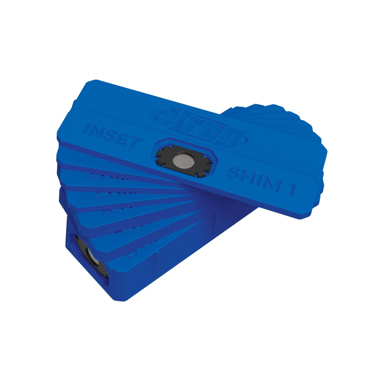 Kreg Tool KCS-SHIMS Setup and Spacer Shims fanned out to show multiple thickness options for cabinet fitting and reveal setup