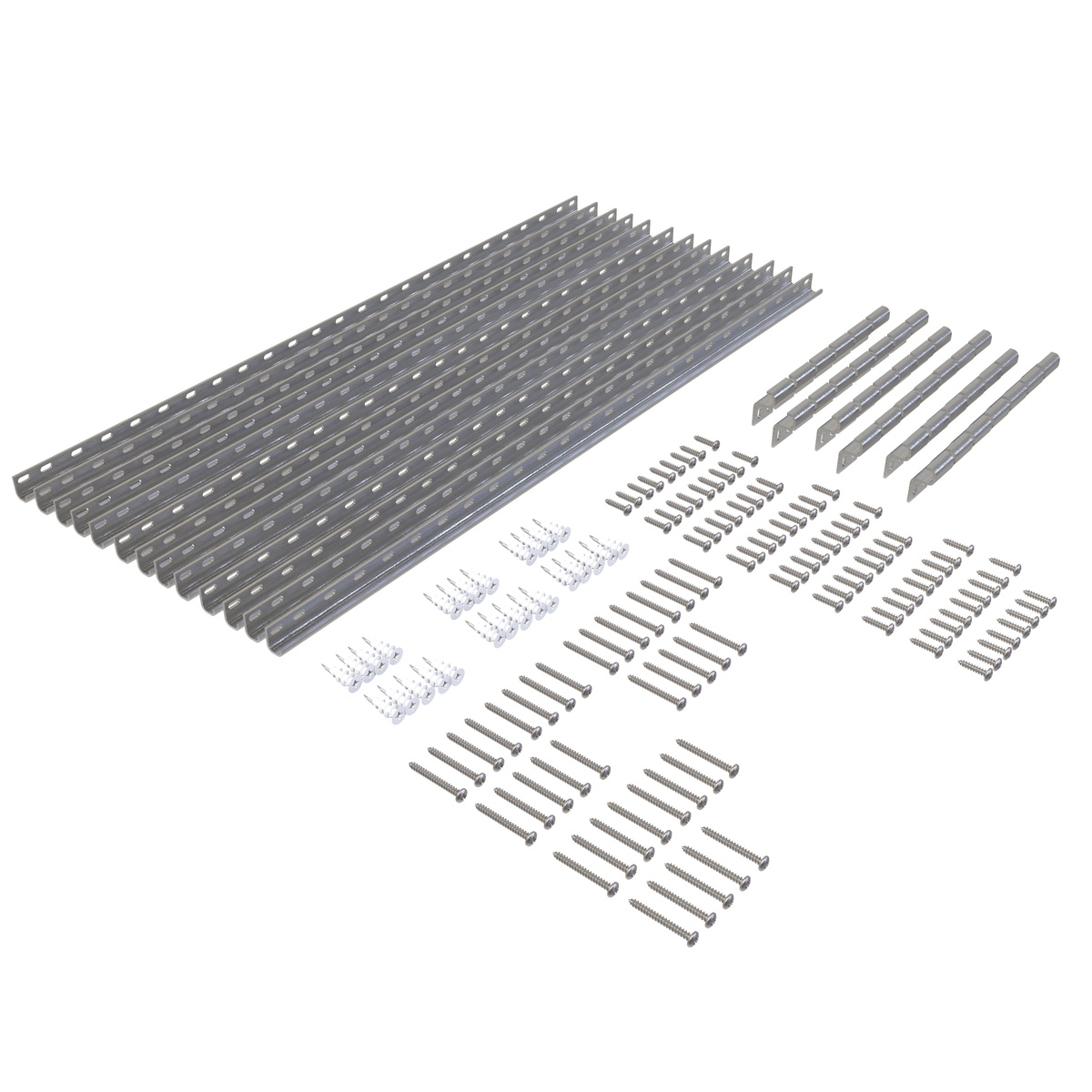 Kreg Tool KCS-400 26 ft. Cabinet Installation System with steel wall channels, cabinet brackets, screws, and drywall anchors for wall cabinet installation in kitchens, shops, and built-in storage projects