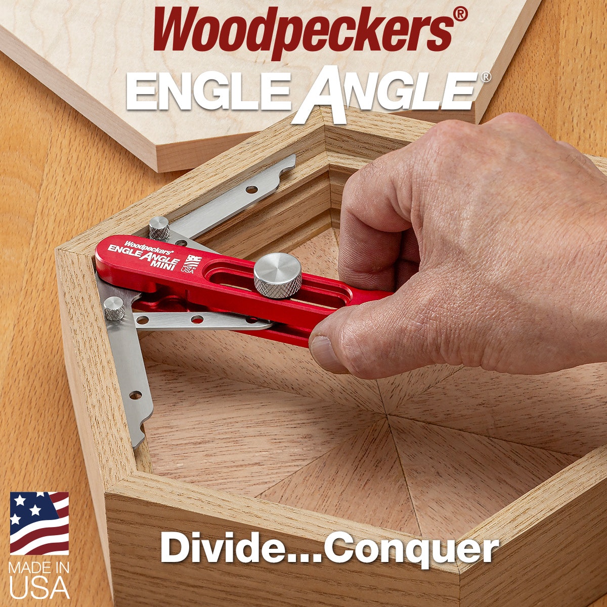 Woodpeckers EA6-23 Engle Angle, 6 in. set into a wood corner during trim layout work for bisecting a multi-sided angle in a woodworking shop