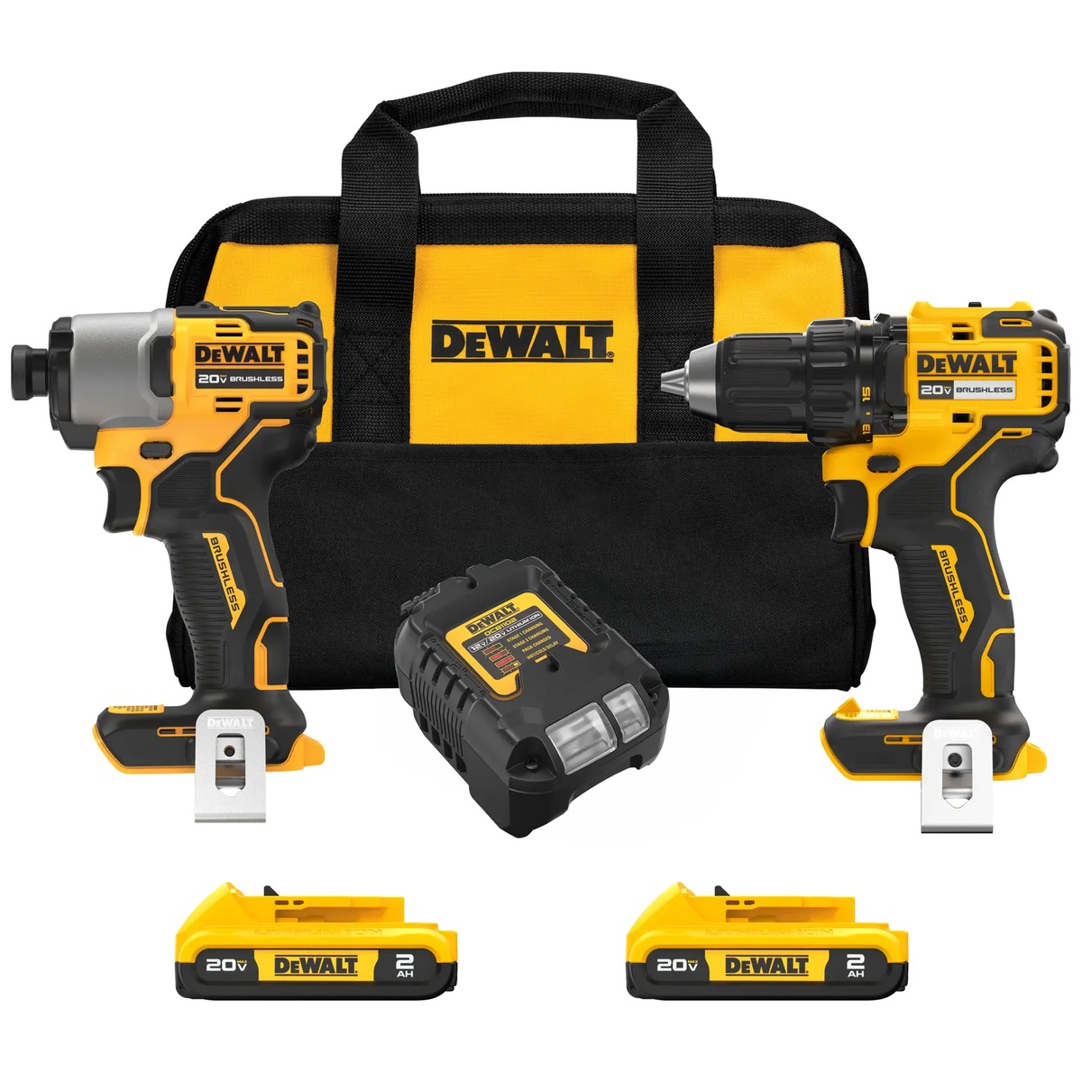 DeWALT DCK227D2 20V MAX Brushless Cordless Drill/Driver and Impact Driver Combo Kit with compact drill driver, compact impact driver, charger, batteries, and bag for jobsite drilling and fastening