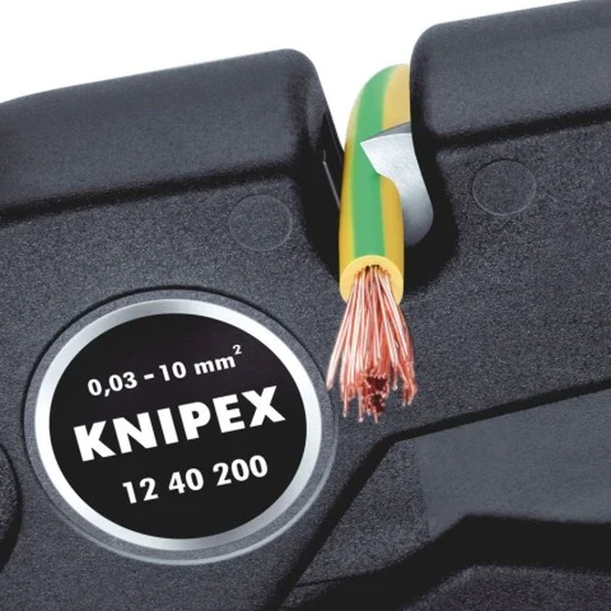 Knipex 12 40 200 Self-Adjusting Wire Stripper cutting insulation cleanly from copper conductor wire for electrical work