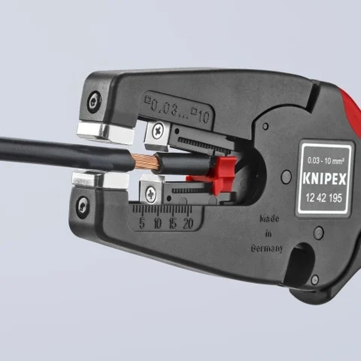 Knipex 12 42 195 Automatic Wire Stripper 8-32 AWG stripping insulated electrical wire during wiring work on PVC-insulated conductor