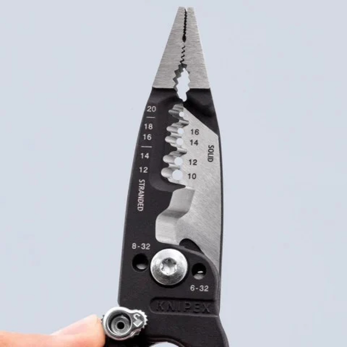 Knipex 13 71 8 Forged Wire Stripper 20-10 AWG head detail showing stripping stations and gripping jaws for electrical installation work