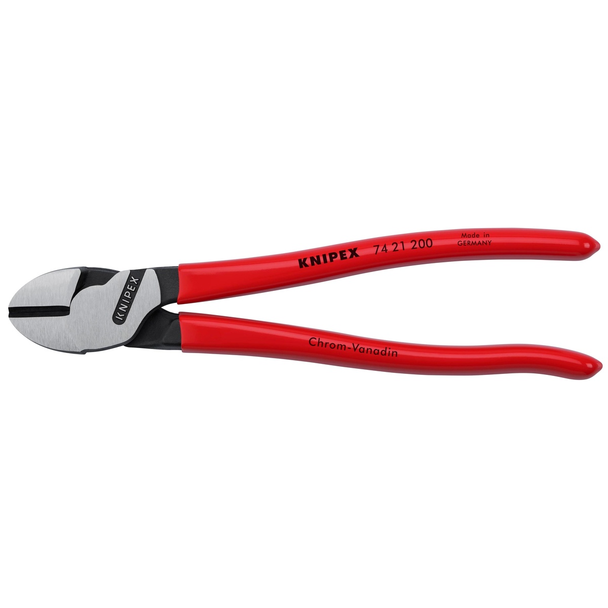 Knipex 74 21 200 High Leverage 12 degree angled diagonal cutters product view showing compact 8 inch cutter for hard wire cutting in shop and jobsite work