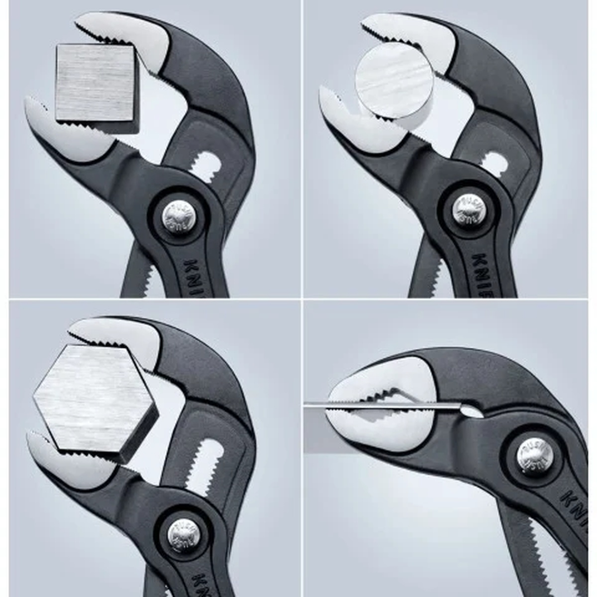 Knipex Cobra water pump pliers jaw detail gripping square, round, hex, and flat stock for mechanical and fastening tasks