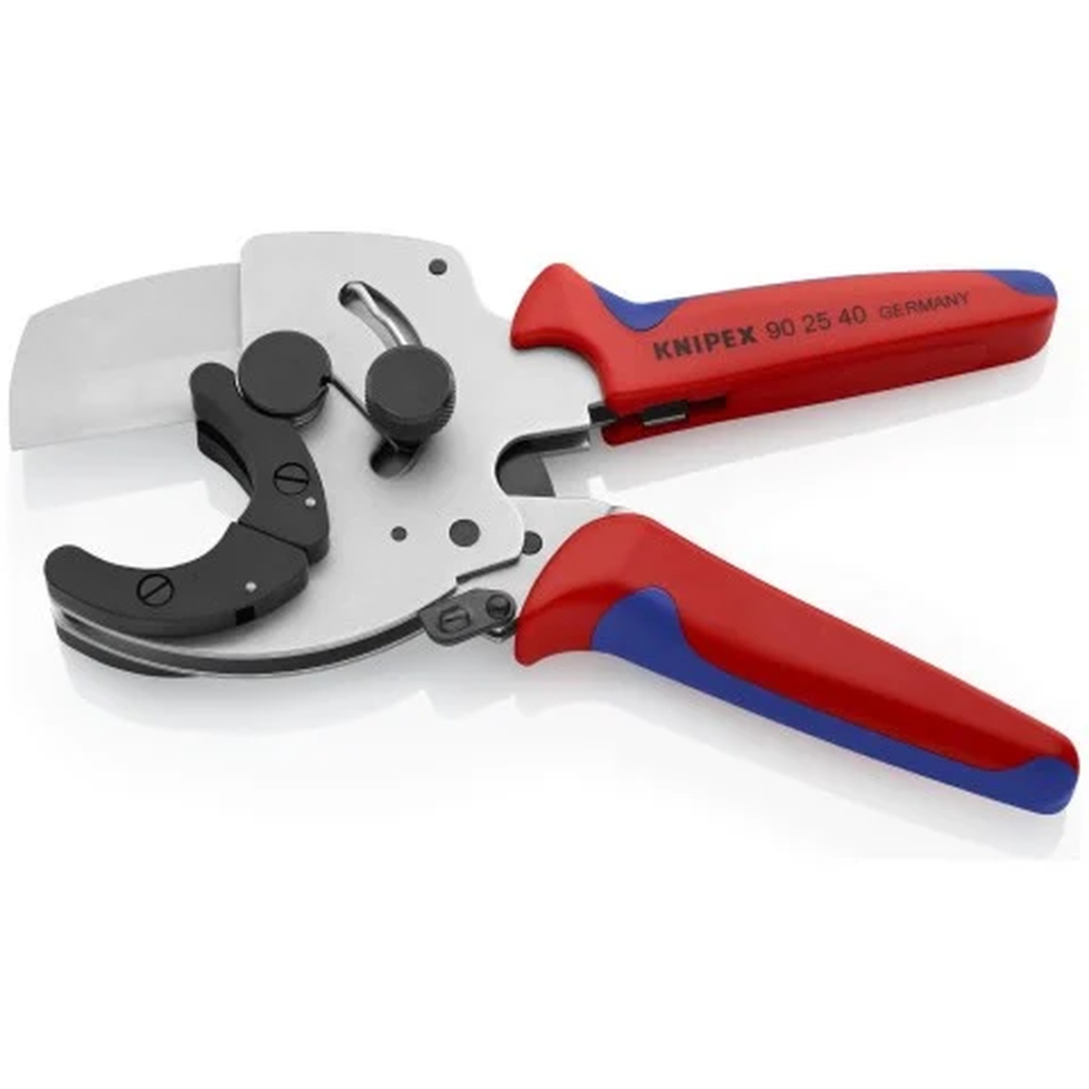 Knipex 90 25 40 PVC Pipe Cutter open position showing handles, cutting head, and replaceable blade design for professional pipe work