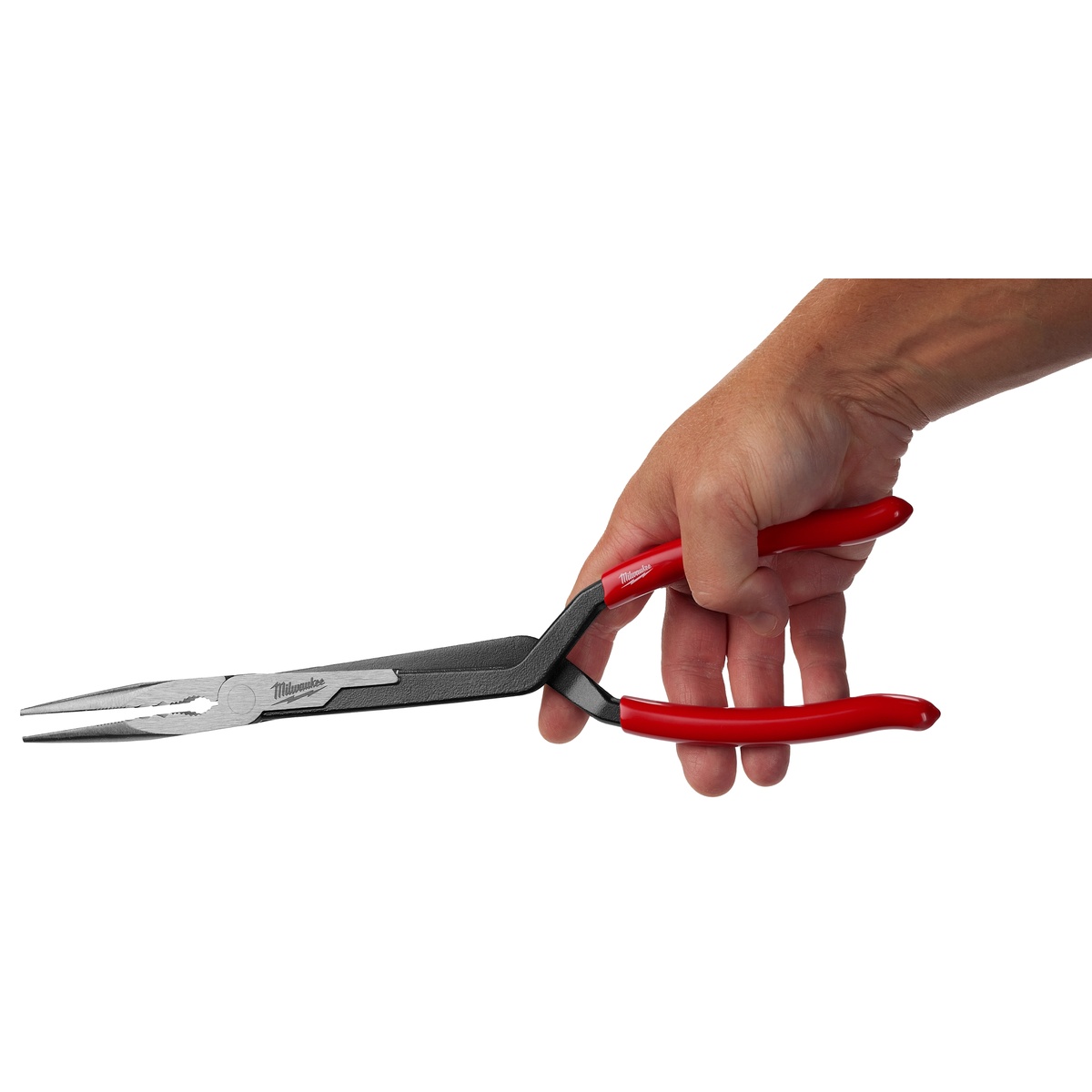 Milwaukee 48-22-6540 13 inch long reach straight nose pliers showing cross-handle design and slip resistant grips for shop and maintenance work