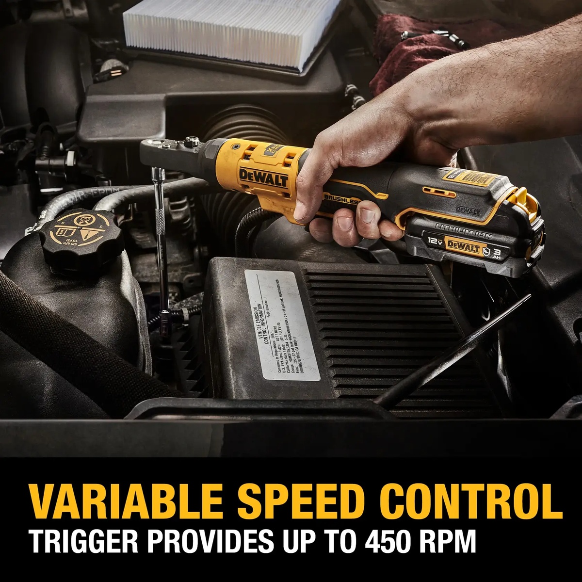 DeWALT DCF500GG1 12V MAX Brushless Cordless 3/8-in & 1/4-in Sealed Head Ratchet with (1) 3.0Ah Battery removing a fastener inside a vehicle engine compartment during repair work