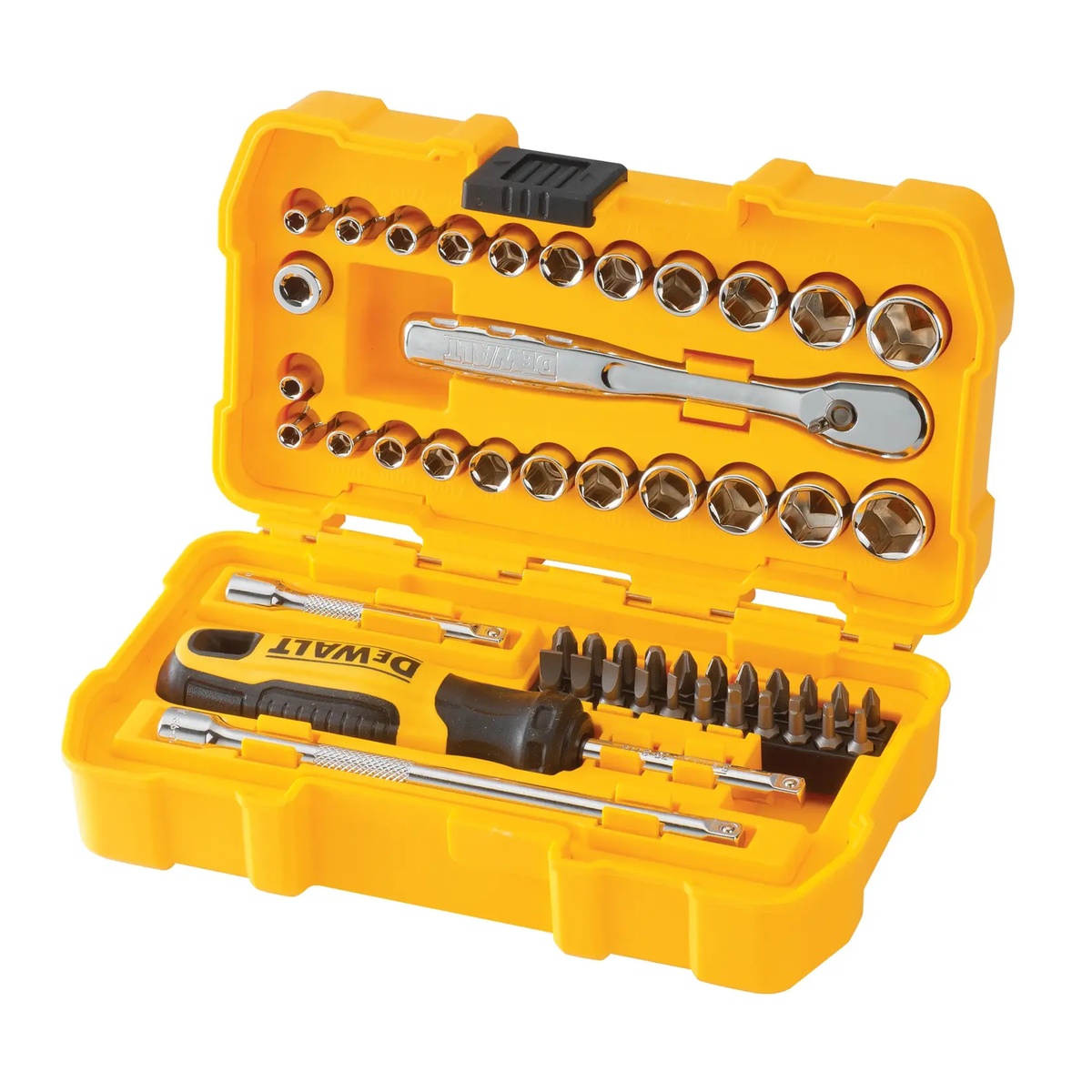 DeWALT DWMT81610 50-Piece 1/4 in. Drive Mechanics Tool Set opened in storage case with metric and SAE sockets, ratchet, extensions, and bits for shop organization