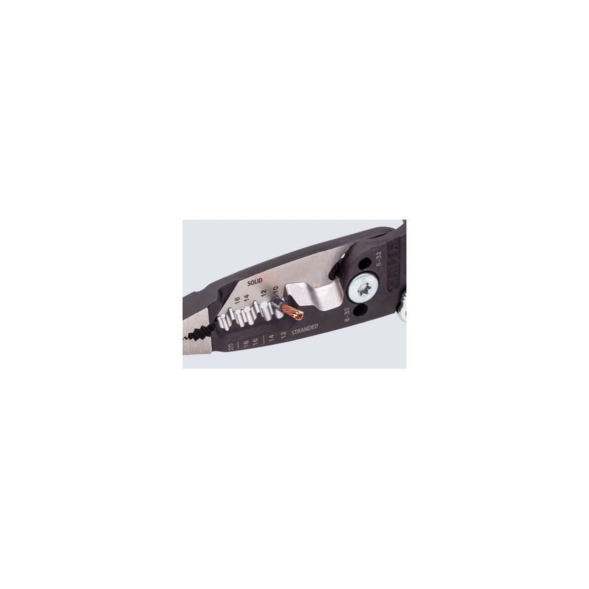 Knipex 13 71 8 SBA wire stripper holding copper conductor in the stripping area for electrical installation and service tasks