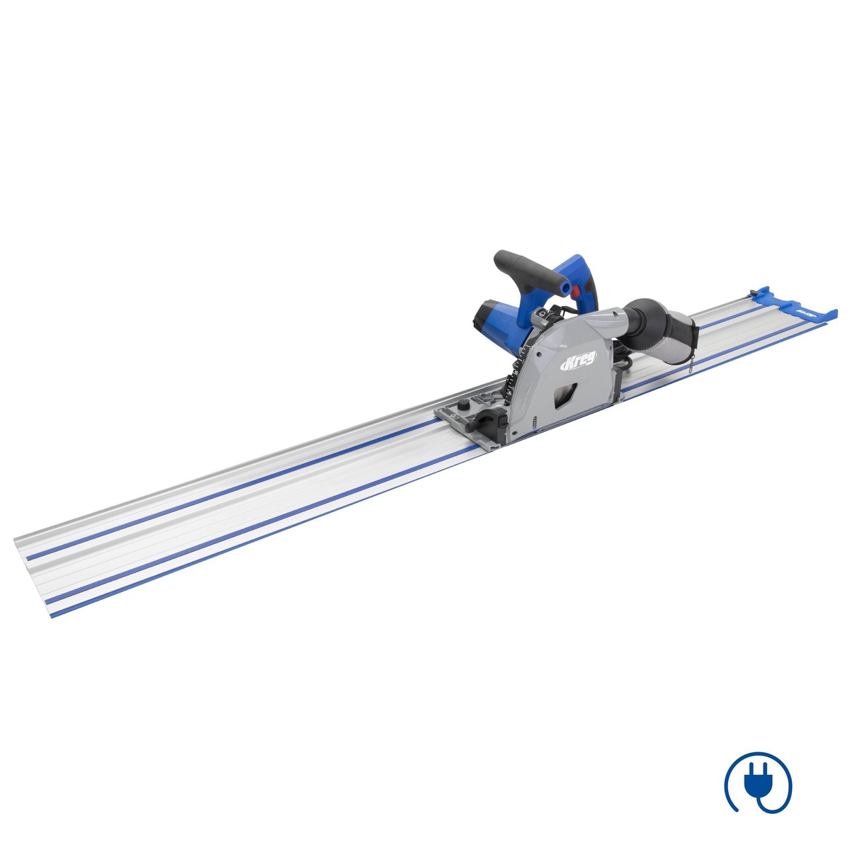 Kreg ACS2100 Adaptive Cutting System Saw + Guide Track Kit plunge-cut track saw mounted on a 62 inch aluminum guide track for straight cutting of sheet goods in a woodworking setup