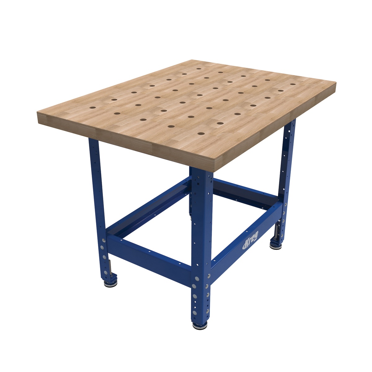 Kreg Tool HWBT-3224-DH Hardwood Bench Top with Dog Holes mounted on a bench base for shop assembly and clamping work