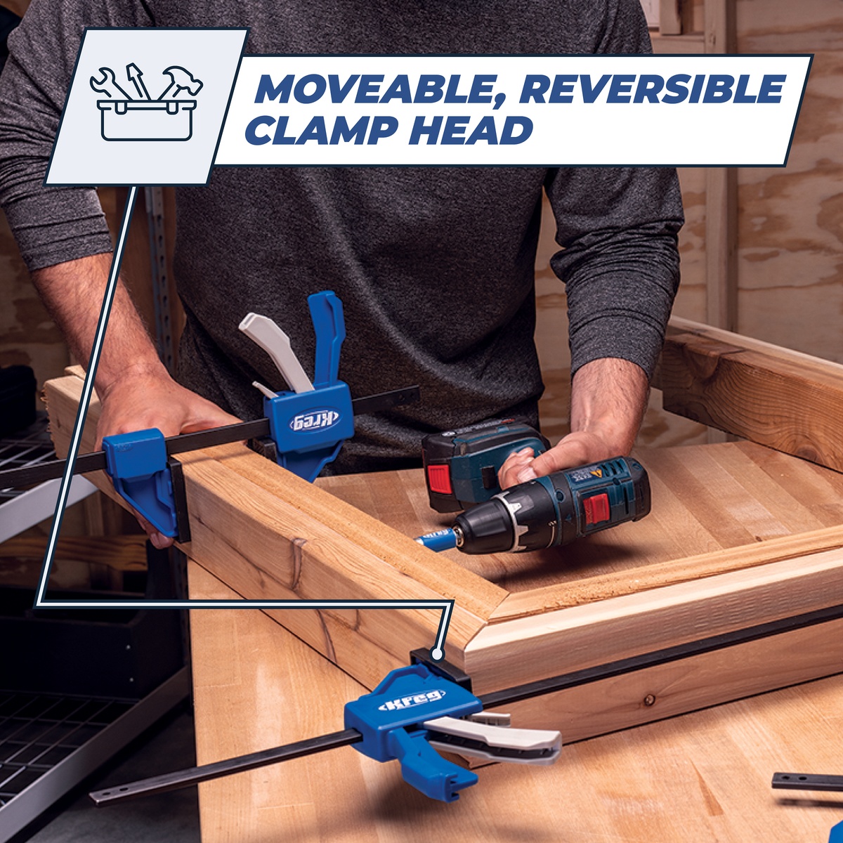 Kreg Tool KVGC12 12 in. VersaGrip Clamp holding wood parts on a workbench during furniture assembly and fastening