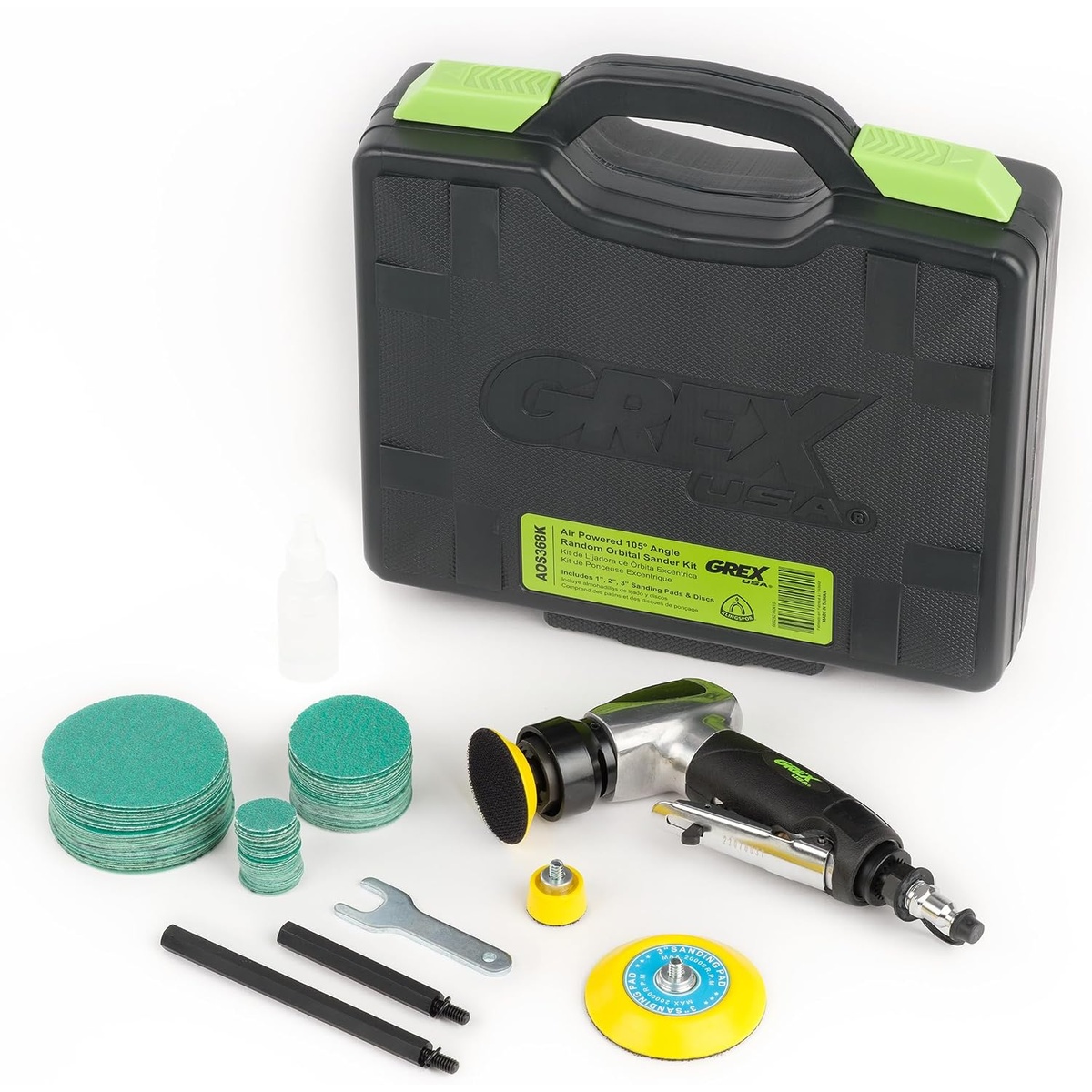 Grex AOS368K 105 degree Angle Pneumatic Random Orbital Sander Kit with sanding discs pads extension shafts and carrying case for detail sanding tasks
