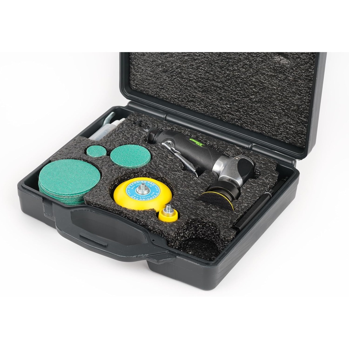 Grex AOS368K 105 degree Angle Pneumatic Random Orbital Sander Kit stored in custom foam case with discs and accessories organized for shop use