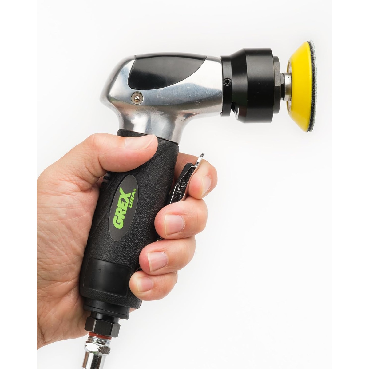 Grex AOS368K 105 degree Angle Pneumatic Random Orbital Sander Kit held in hand for detail sanding in tight work areas