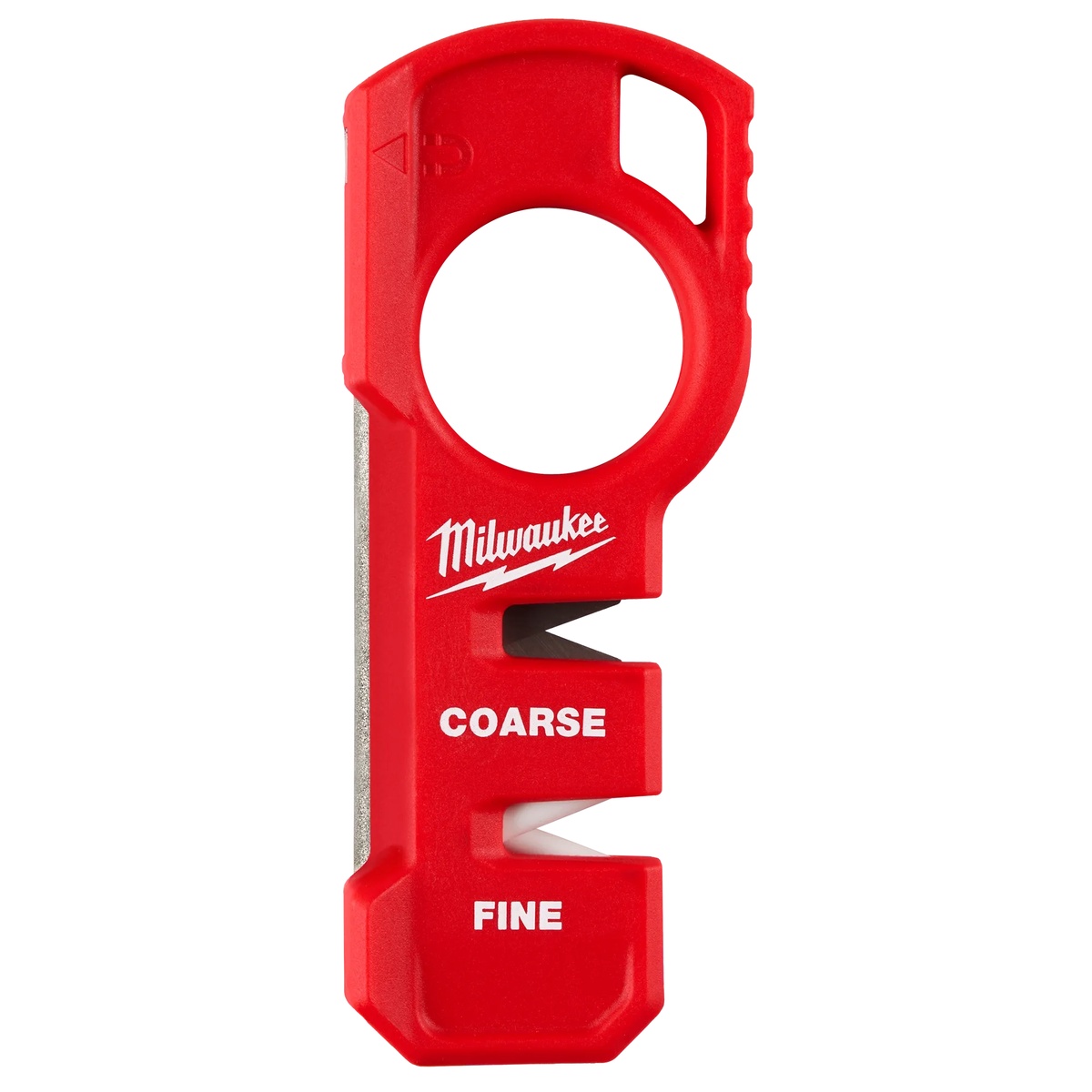 Milwaukee 48-22-1590 Compact Knife Sharpener showing coarse and fine pull-through stages and side diamond grit sharpening surface