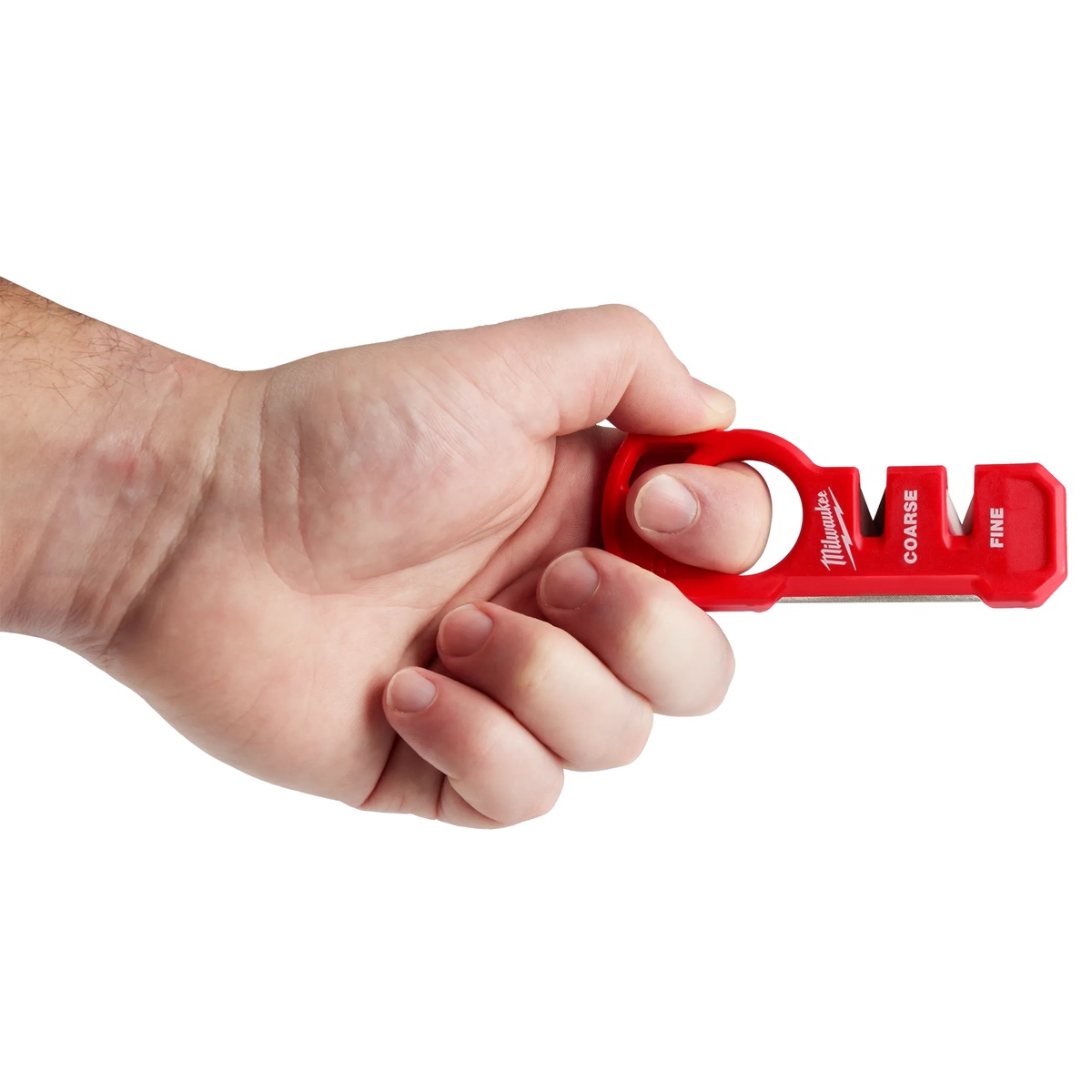 Milwaukee 48-22-1590 Compact Knife Sharpener held in hand for quick jobsite knife sharpening and everyday carry use