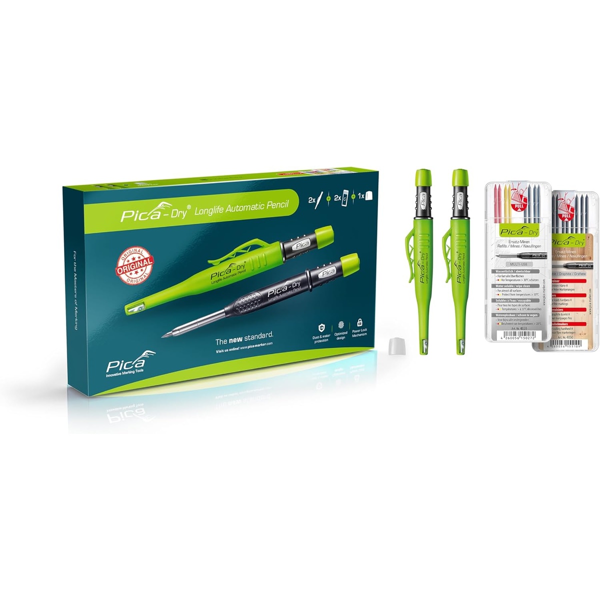 Pica Dry 3097 5-Piece Limited Edition Value Pack Set with two refillable construction markers and replacement leads for jobsite layout marking on wood, tile, metal, and other mixed materials