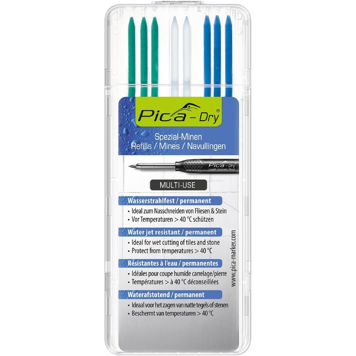 Pica Dry 4040 Special Water Resistant Lead Refills in green white and blue stored in a plastic case for jobsite marking and tile layout