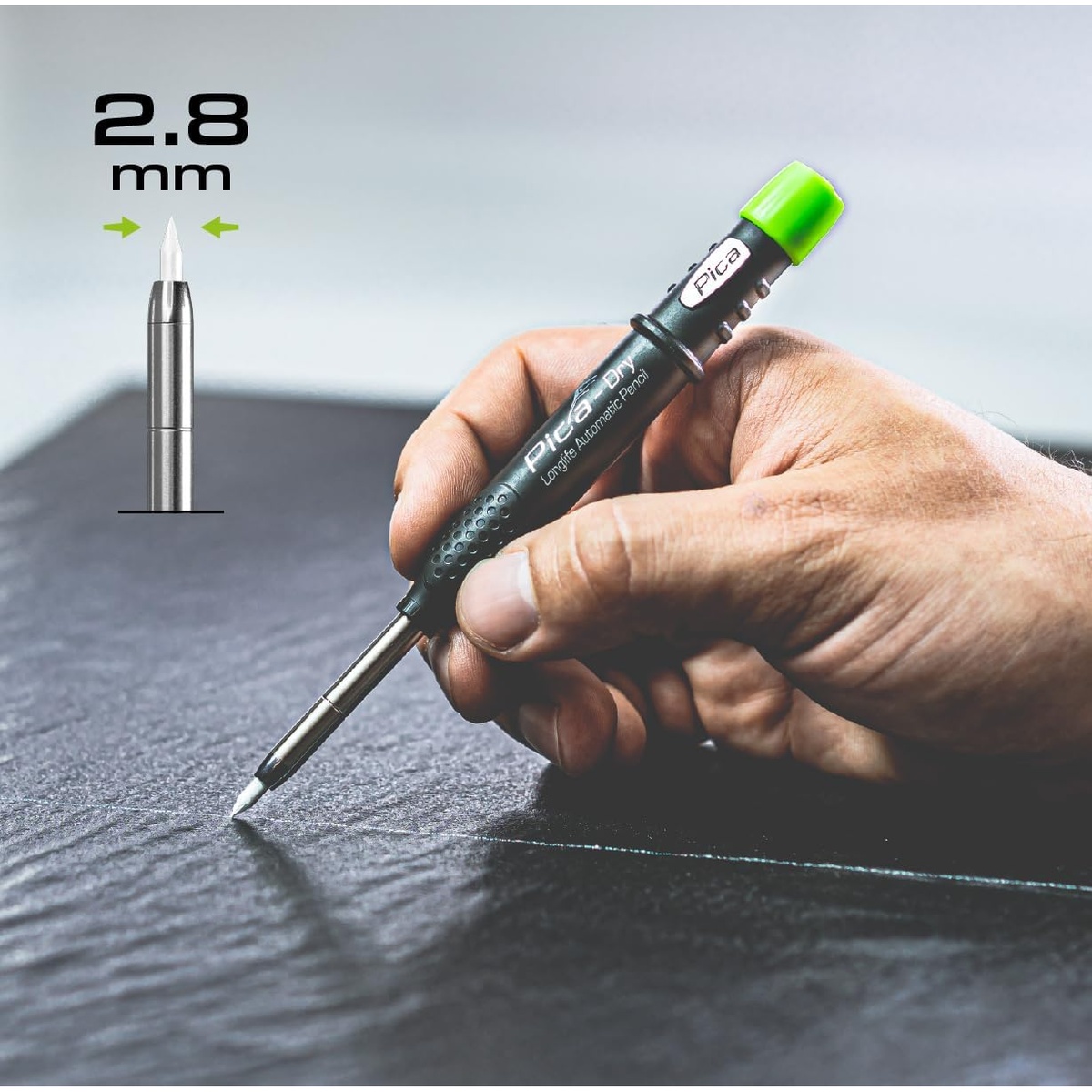 Pica Dry 4040 Special Water Resistant Lead Refills used in a Pica Dry marker to mark dark stone during layout work in a shop setting