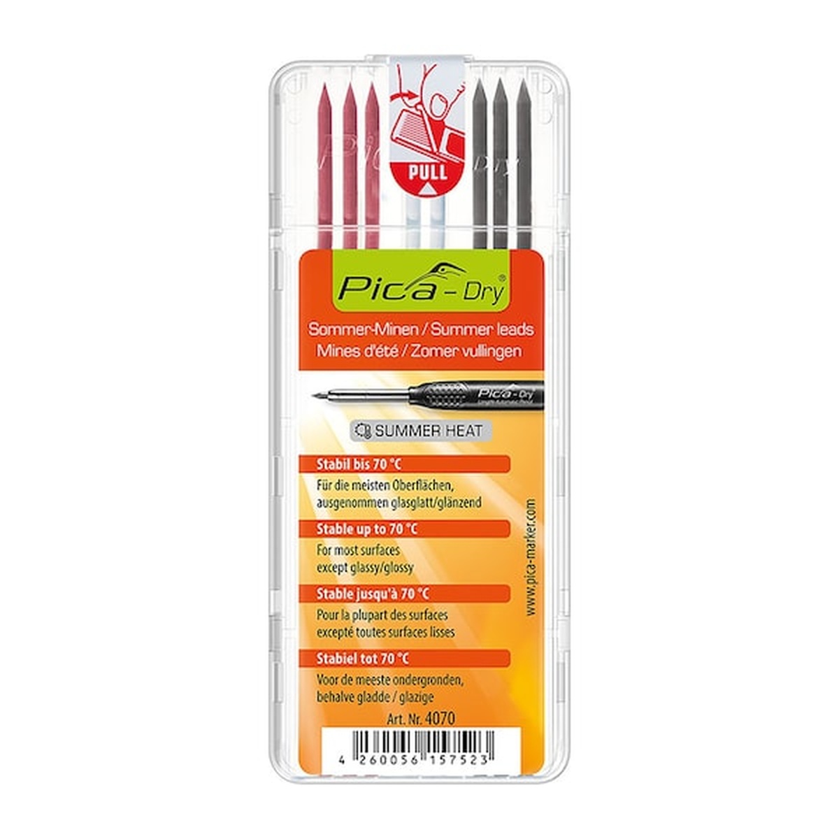 Pica Dry 4070 Special Summer Leads Refill Leads retail pack with assorted graphite red and white 2.8 mm leads for construction marking