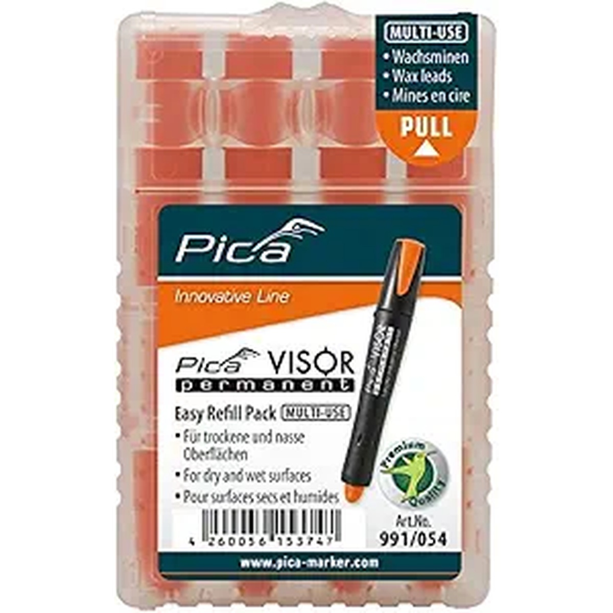 Pica 991/054 VISOR Luminescent Permanent Marker Refill fluo-orange 4-pack for replacing a permanent marker refill used for visible marking on mixed jobsite and shop materials